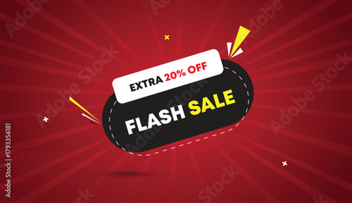 flash sale extra twenty percent off web banner vector art template design badge icon label white black gray shapes yellow bold text dark red light sunshine abstract business background