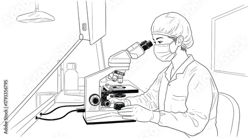 Scientist, microscope, laboratory, research, medical, diagnostics, sterile, gloves, mask, precision, biology, chemistry, healthcare, technology, analysis, equipment, experiment, discovery