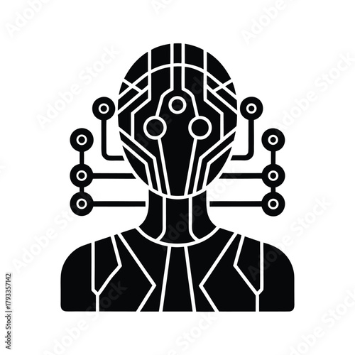 Vector glyph icon of a cybernetic humanoid bust with circuit patterns, a conceptual symbol for future technology and artificial intelligence