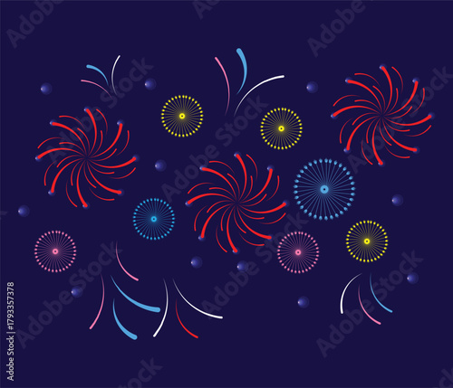 Exploding festival firework. Festive show in night sky. Flashes of celebratory salutes. Holiday celebration scene. Colorful flat vector cartoon illustration.
