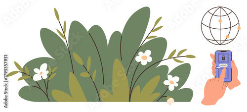 Green foliage and flowers symbolize nature, hands operate smartphone connected to a global network. Ideal for technology, environment, sustainability, globalization, communication, internet, ecology