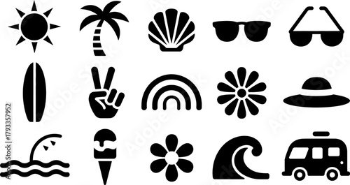 Summer beach vacation elements in black silhouettes vector illustration