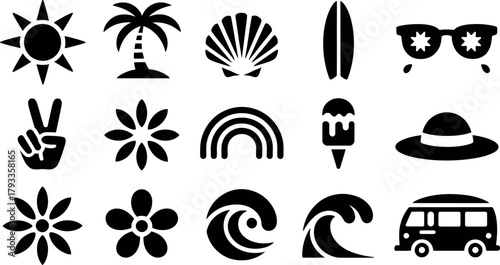 Summer vector icon set with sun palm tree and sea elements