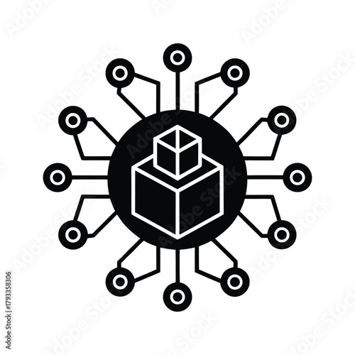 Blockchain concept with interconnected nodes representing a decentralized network and abstract cube symbolizing data or digital assets, perfect for technology and finance themes