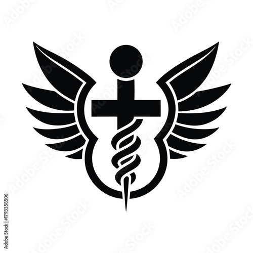 Emblem of Medical Symbolism The Rod of Asclepius intertwined with a Cross and Sword, symbolizing Healing, Protection, and Faith in the Medical Field