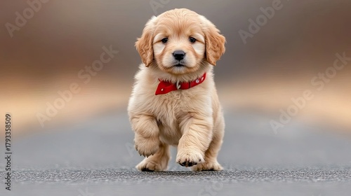 Fototapeta Naklejka Na Ścianę i Meble -  A cute golden doodle puppy stands on its hind legs in the street, showcasing its fluffy ears and soft fur while having fun