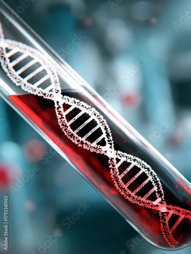 Red Liquid Filled Laboratory Container With Floating DNA Strand And Light Particles