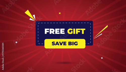 Save Big Free Gift Web Banner Vector Art Template Design Badge Icon Label Deep Blue Yellow Shapes White Bold Text Dark Red Light Sun Shine Abstract Business Background Creative Promotional Modern Eye 