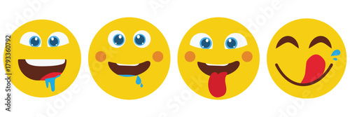 Yummy smiley face, emoticon face icon delicious, tasty emoji with saliva drops, tasty food symbol. Yummy smile face emoji icon vector set with tongue lick mouth. Vector illustration.