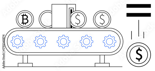 Coins with Bitcoin and Dollar symbols on conveyor belts with gears processing and dropping converted currency. Ideal for fintech, exchange, finance, technology, automation, commerce, innovation