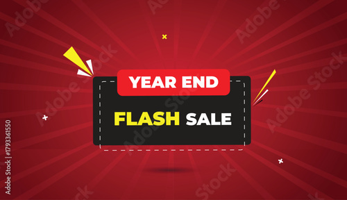 year end flash sale web banner vector art template design badge icon label black gray red shapes white yellow bold text dark red light sun shine abstract business background creative modern festive
