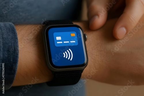 Close-up of smartwatch displaying contactless payment animation.