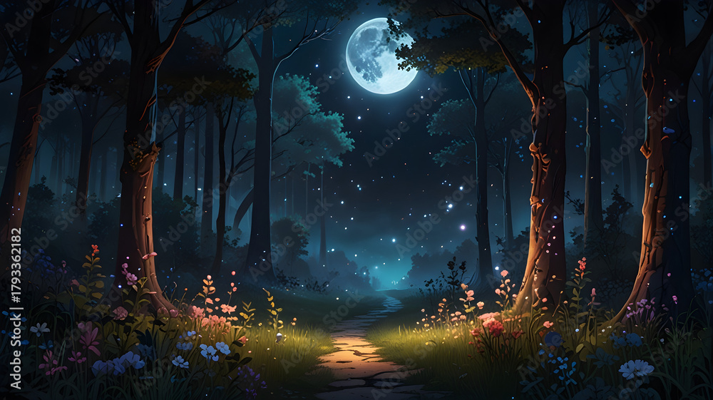 Fototapeta premium Enchanting moonlit forest path with glowing flora and ethereal fireflies