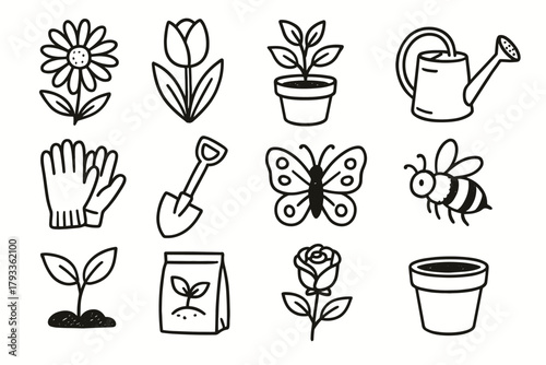 Packet icons garden flower potted blooming seed rose icon gloves plant vector