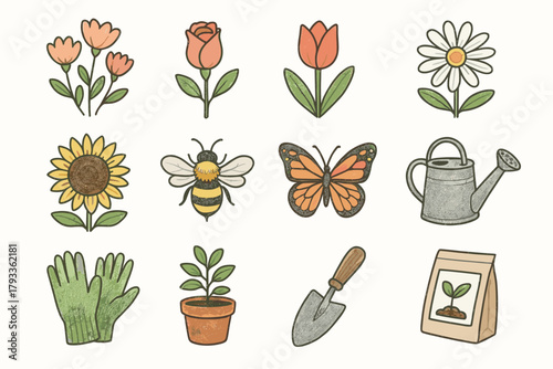 Plant vector rosebud watering icon butterfly daisy garden flowers blooming packet icons
