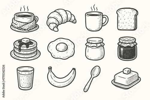 Jar orange pancake icons breakfast icon vector banana coffee yogurt croissant cozy
