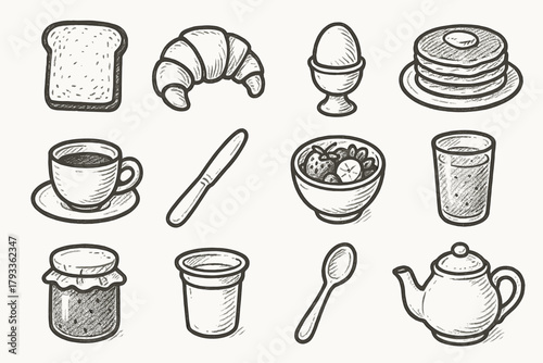 Jam egg teapot icon set breakfast pancake pot vector fruit cup orange