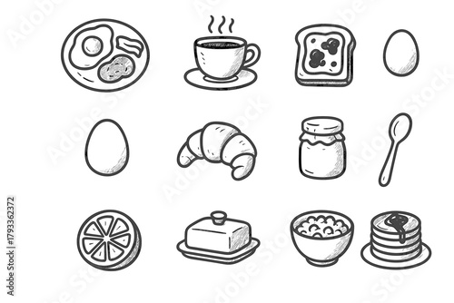 Coffee butter cereal jam breakfast croissant pancake toast icon set yogurt vector