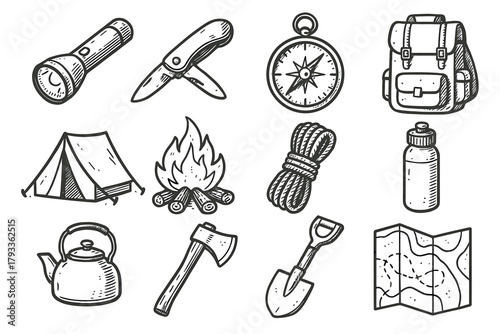 Camping icon coil icons campfire kettle water tent tools backpack knife vector