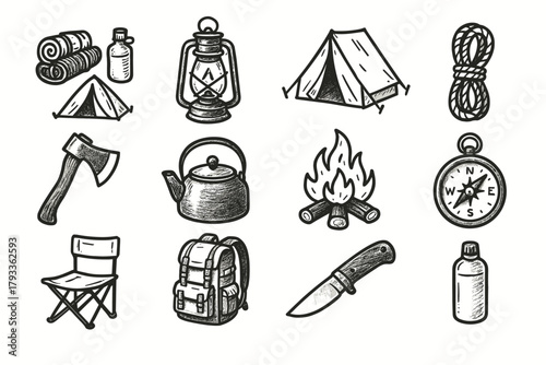 Campfire tools lantern icons rope chair camping gear vector folding bottle icon