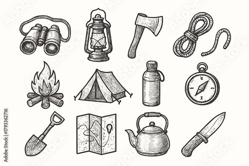 Icon lantern camping rope tools bottle compass tent kettle water icons knife