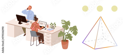 Two professionals working at desks with computers and plants, accompanied by a transparent pyramid and three circles. Ideal for teamwork, innovation, workplace design, creativity, abstract thinking