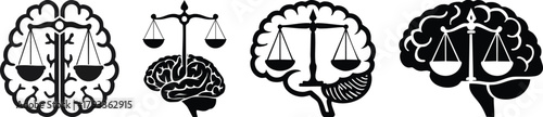 Human brain with integrated justice scale ethical decision line art concept minimalist vector