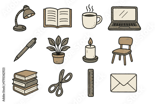 Open lamp icons pen pile book cozy houseplant coffee icon vector workspace