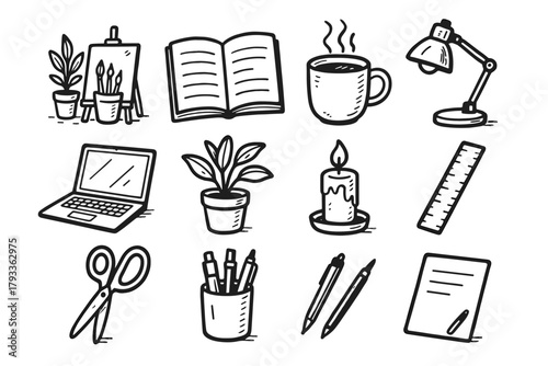 Laptop notebook vector mug icon ruler scissors artistic workspace candle icons holder
