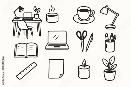 Scissors candle icons icon vector notebook sheet plant cozy laptop workspace minimalist