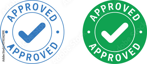 Approved round stamp vector set with blue outline and solid green versions for verification and quality.