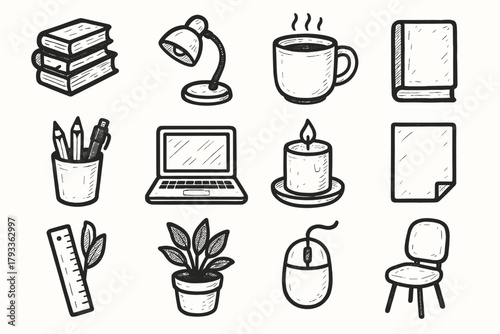 Book paper icons vector icon lamp cozy mouse plant sheet chair mug