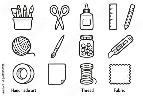 Tools set icons glue scissors paper vector jar roll icon art craft