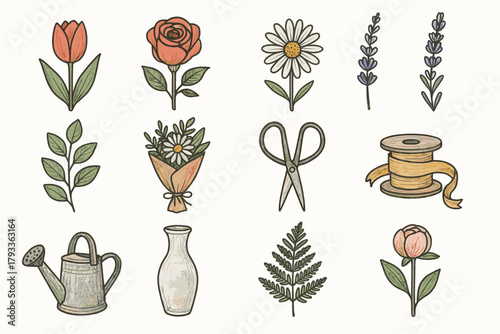 Icon watering can vase vector scissors floral peony set ribbon tulip bouquet
