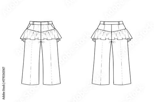 Set of Pants peplum technical fashion illustration with extended normal low waist, high rise, full length, frilled skirt. Flat bottom trousers apparel template front back white color. Women CAD mockup