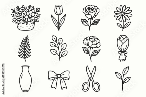 Floral vector vase blooms wrapped set garden eucalyptus icon daisy fern tulip