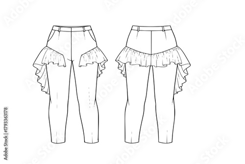 Set of Pants peplum technical fashion illustration with extended normal low waist, high rise, full length, frilled skirt. Flat bottom trousers apparel template front back white color. Women CAD mockup