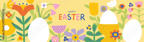 Happy Easter banner. Trendy Easter design with typography, hand written lettering, with spring flowers and eggs. Modern art style. Horizontal poster, greeting card, header for website