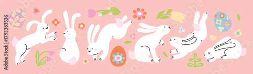 Collection of cute Easter rabbits. Cartoon characters of happy bunnies with Easter eggs, flowers. Doodle hares for Eastery card, sticker, banner, package design. Vector illustration, pastel colors.