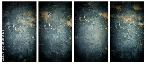 Four vertical panels with a dark textured abstract background in blue and green tones