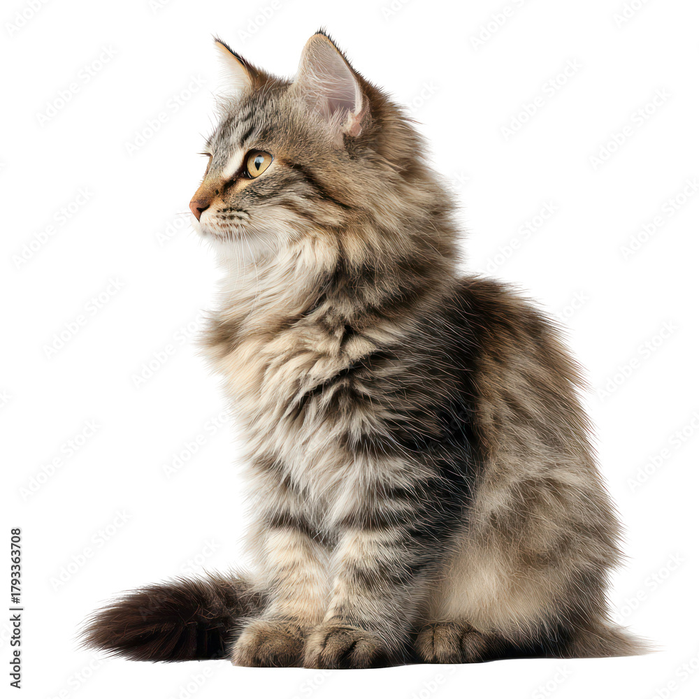 Naklejka premium Beautiful grey fluffy Maine Coon cat sitting isolated on white background