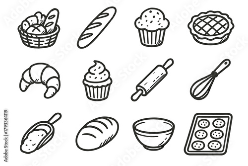 Vector bakery baked loaf bread baking croissant icon baguette roller collection sheet