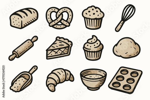 Bakery muffin loaf icon cupcake grid pin whisk vector pretzel tray baking