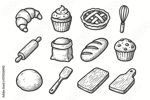 Bread vector bakery flour bag loaf icons pastries muffin collection icon board