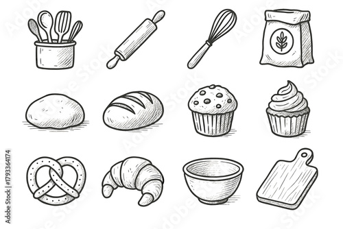 Set kitchen whisk vector board bag bakery baking bread pin cutting icon
