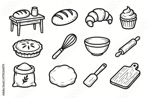 Icon set cupcake spatula vector bakery wooden flour dough table pie bread