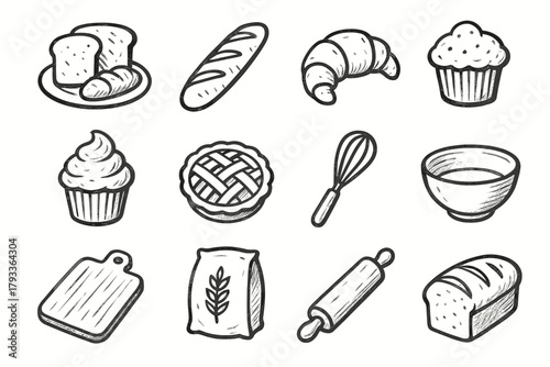 Loaf bowl rolling baguette pie icon vector flour cupcake whisk bakery set