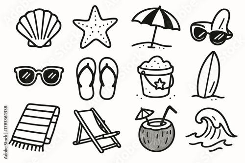 Vector sunglasses surfboard icons bucket essentials icon coconut umbrella beach sea starfish