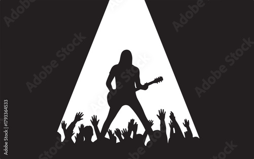 Guitarist performing on stage in spotlight with cheering crowd