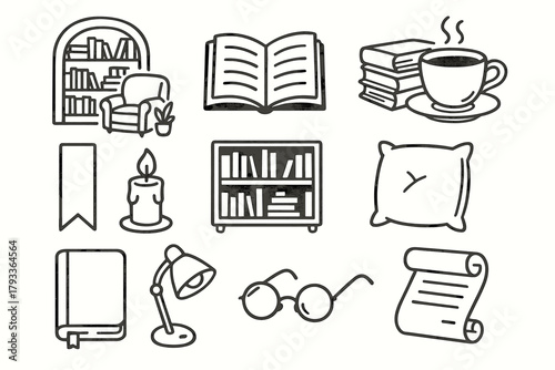 Bookmark reading icon vector bookshelf book icons cozy journal pillow lamp library